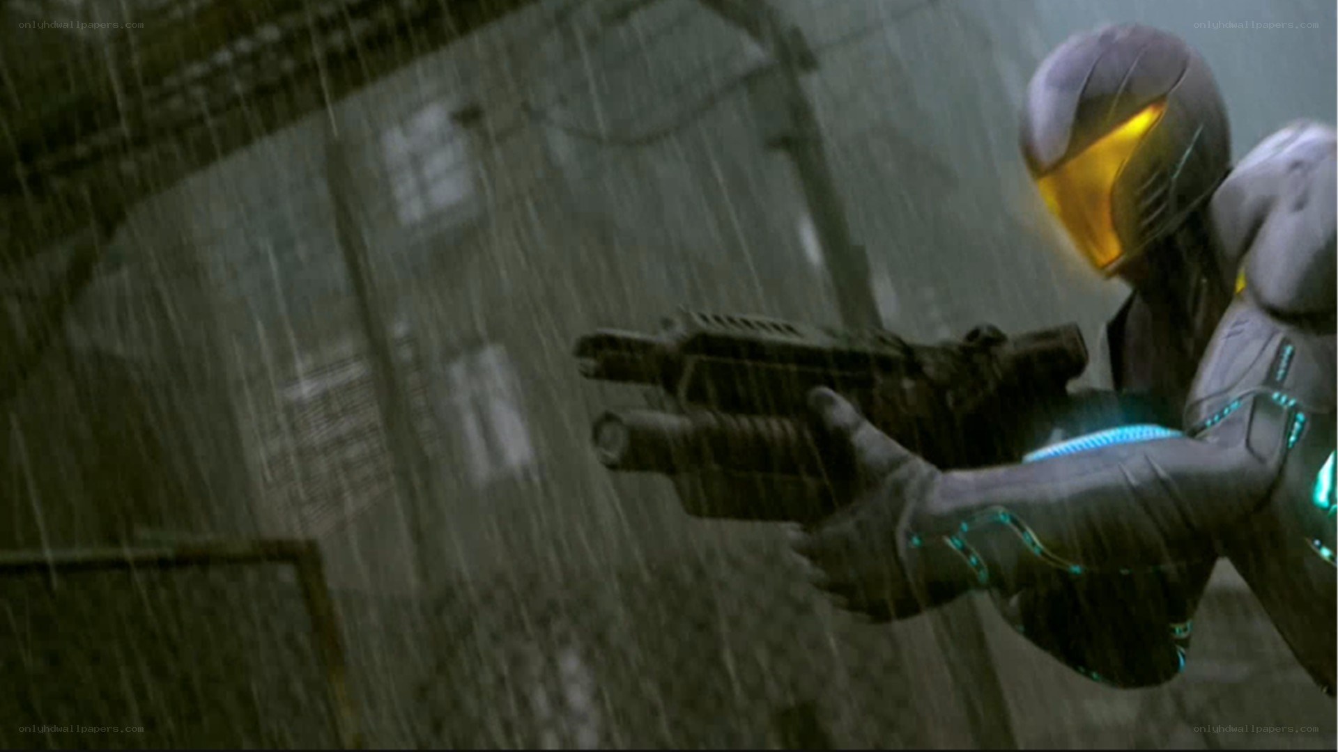 soldier in rain with weapon