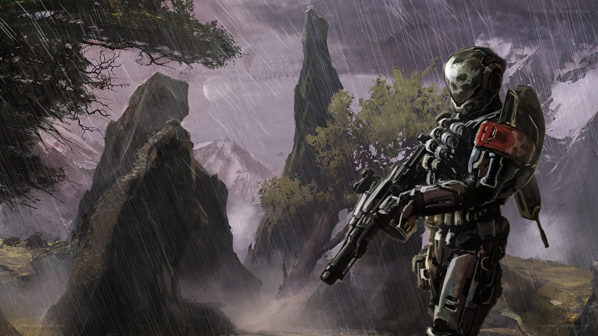 soldier in rainy landscape