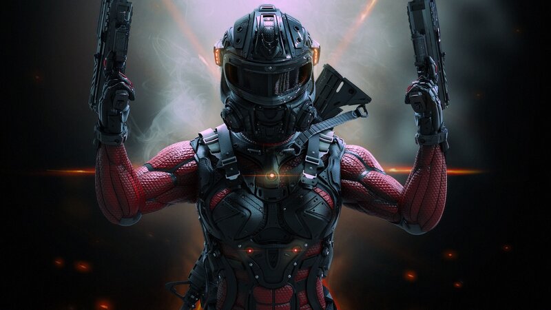 Soldier in Red Armor — Black, Dramatic, 3d Render