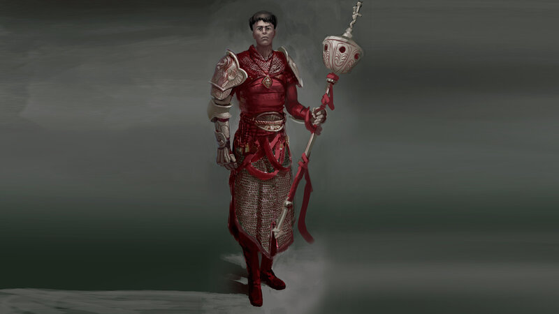 Soldier in Red Armor — Dramatic, Digital Art, Staff