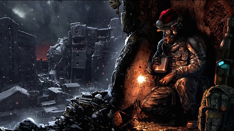 soldier in ruined city