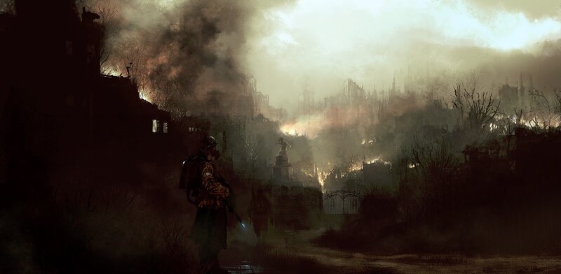 Soldier in Ruined City — Brown, Dramatic, Night, Digital Art