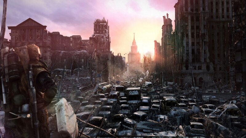 Soldier in Ruined City — Gray, Apocalyptic, Sunset