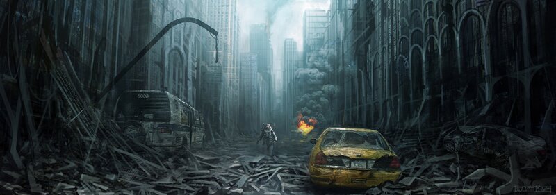 Soldier in Ruined City — Gray, Apocalyptic