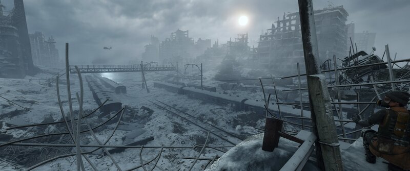 Soldier in Ruined City — Gray, Desolate, Bleak