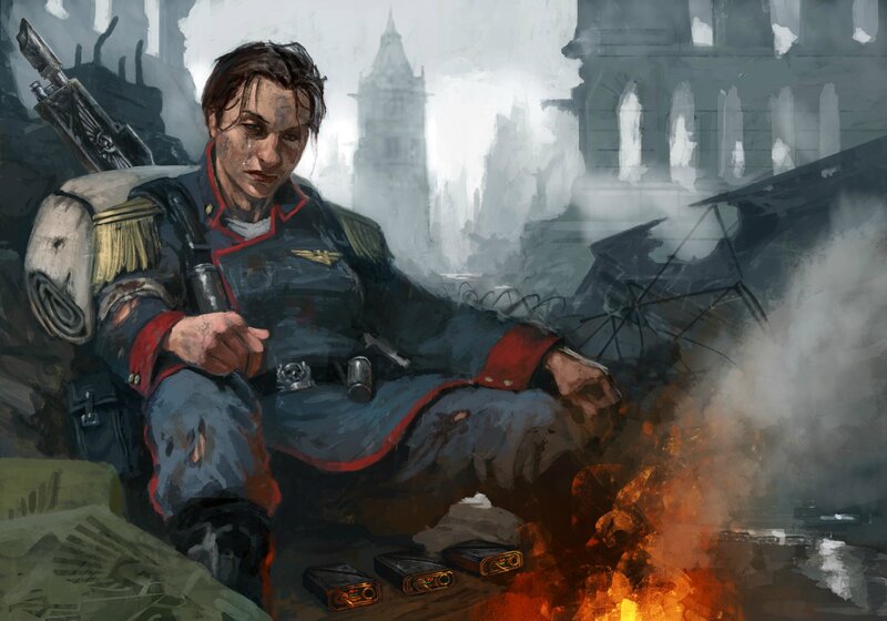 Soldier in Ruined City — Gray, Dramatic, Digital Art, Fire
