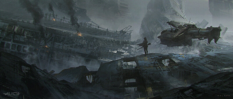 Soldier in Ruined City — Gray, Dramatic, Digital Art, Ruins, Aircraft