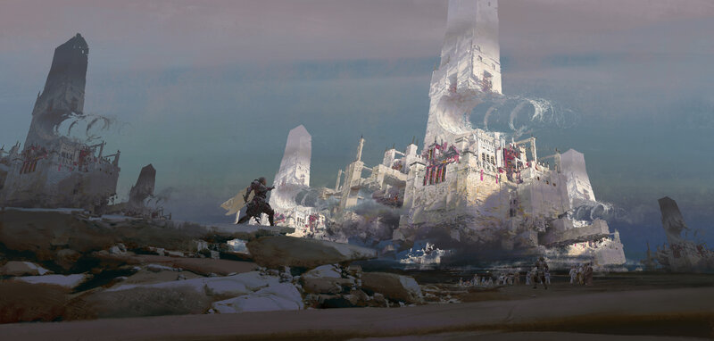 Soldier in Ruined City — Gray, Dramatic, Digital Art, Ruins, Towers