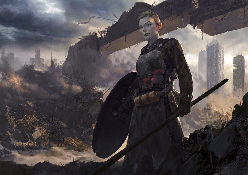 Soldier in Ruined City — Gray, Dramatic, Digital Art, Shield