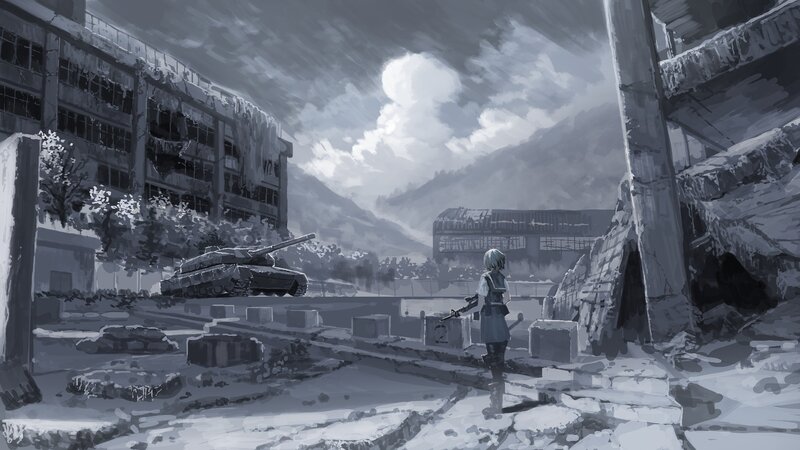 Soldier in Ruined City — Gray, Dramatic, Digital Art, Tank, Ruins