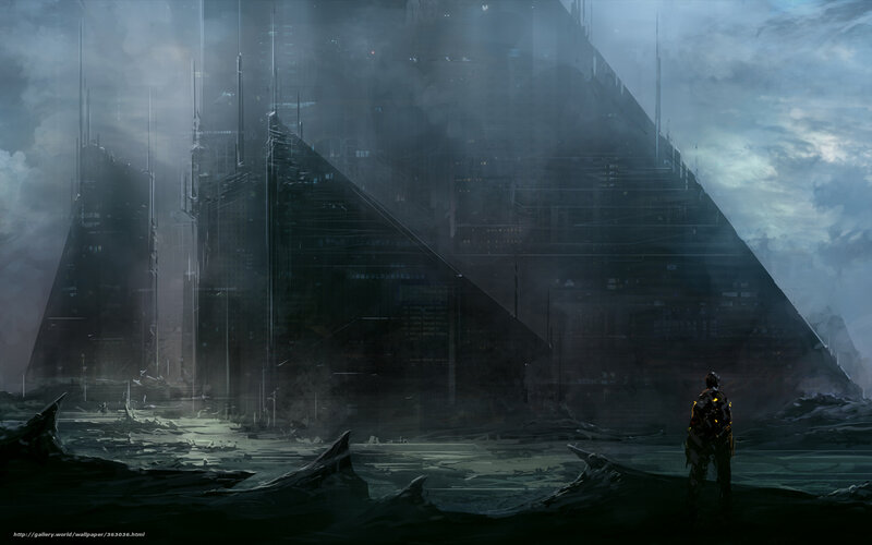 Soldier in Ruined City — Gray, Dramatic, Night, Digital Art, Ruins, Pyramid