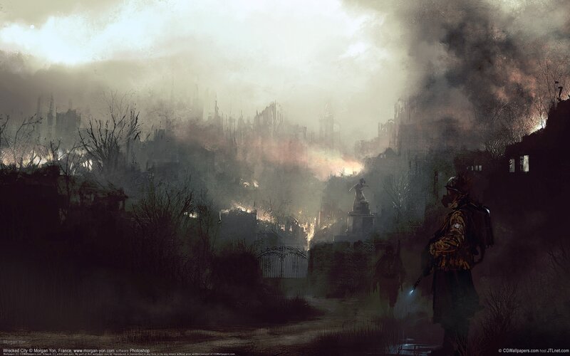 Soldier in Ruined City — Gray, Dramatic, Night, Digital Art, Smoke, Ruins