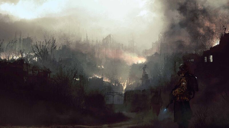 Soldier in Ruined City — Gray, Dramatic, Night, Digital Art
