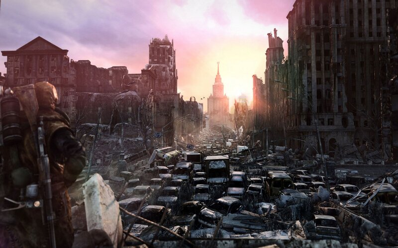Soldier in Ruined City — Gray, Dramatic, Sunrise