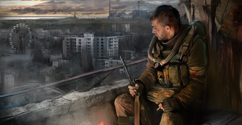 Soldier in Ruined City — Gray, Dramatic, Sunset, Digital Art