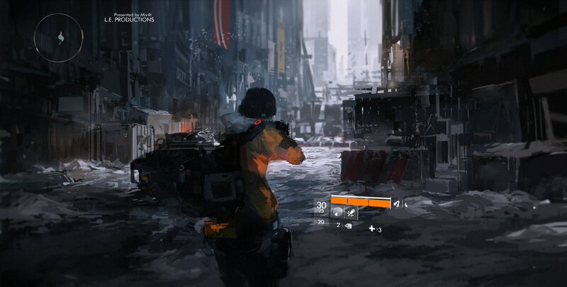 Soldier in Ruined City — Gray, Dramatic, Winter, Digital Art, Ruined Buildings