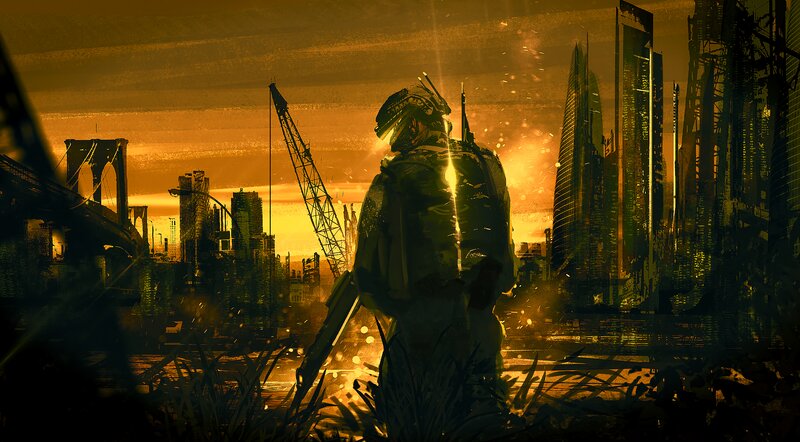 Soldier in Ruined City — Orange, Dramatic, Sunset, Digital Art, Crane