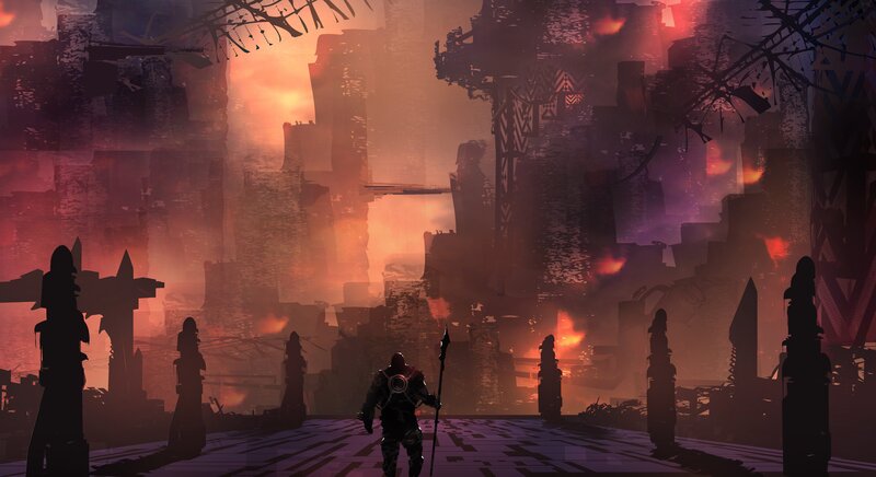 Soldier in Ruined City — Orange, Dramatic, Sunset, Digital Art