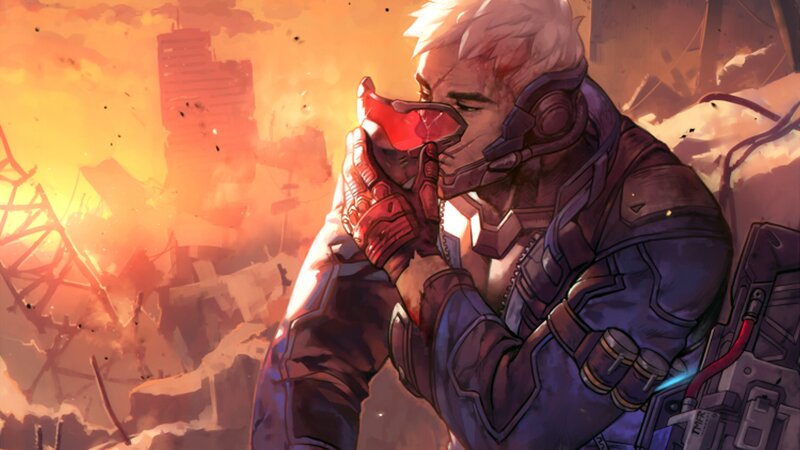 Soldier in Ruined City — Orange, Dramatic