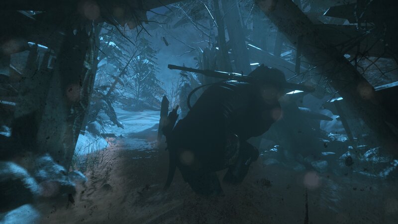 Soldier in Snowy Forest — Blue, Dark, Tense