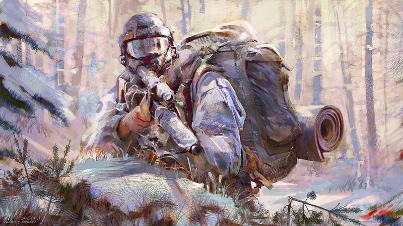 Soldier in Snowy Forest — White, Tense