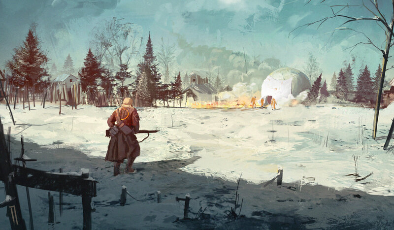 Soldier in Snowy Landscape — White, Dramatic, Winter, Digital Art, Fire