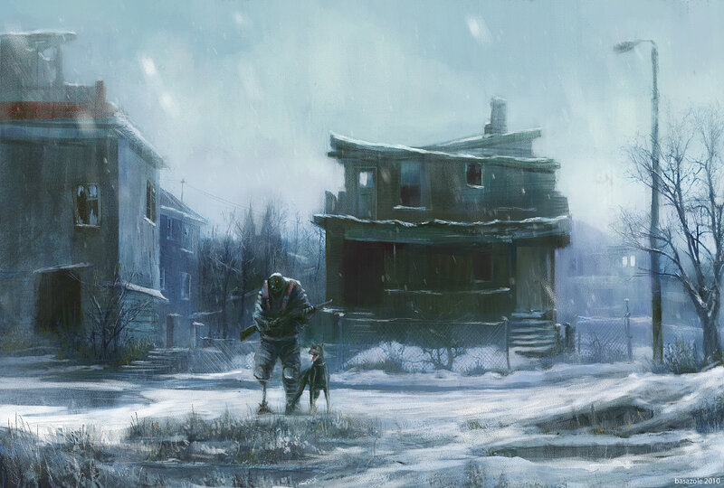 Soldier in snowy town