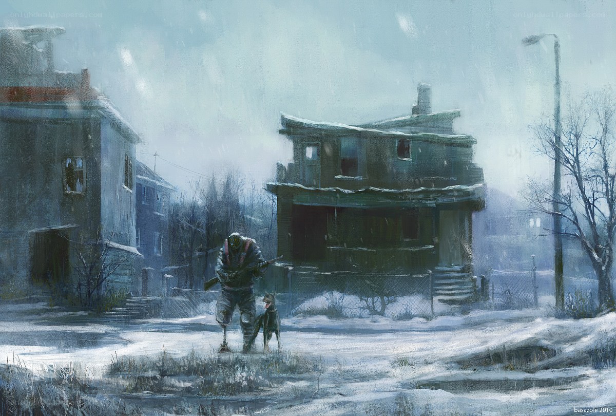 Soldier in snowy town