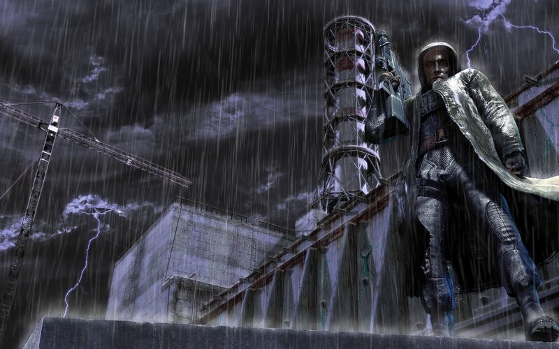 Soldier in stormy wasteland