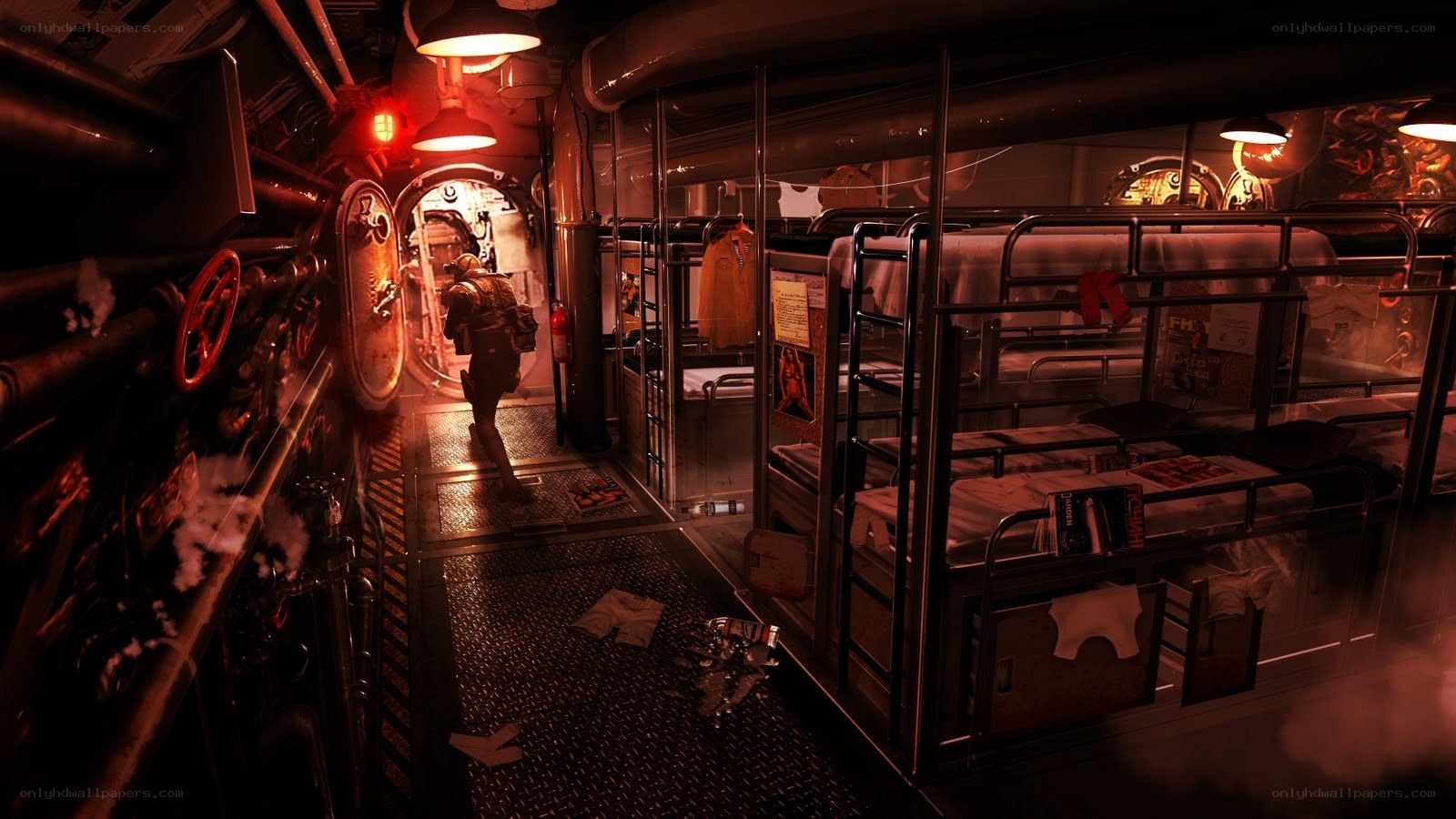 soldier in submarine corridor