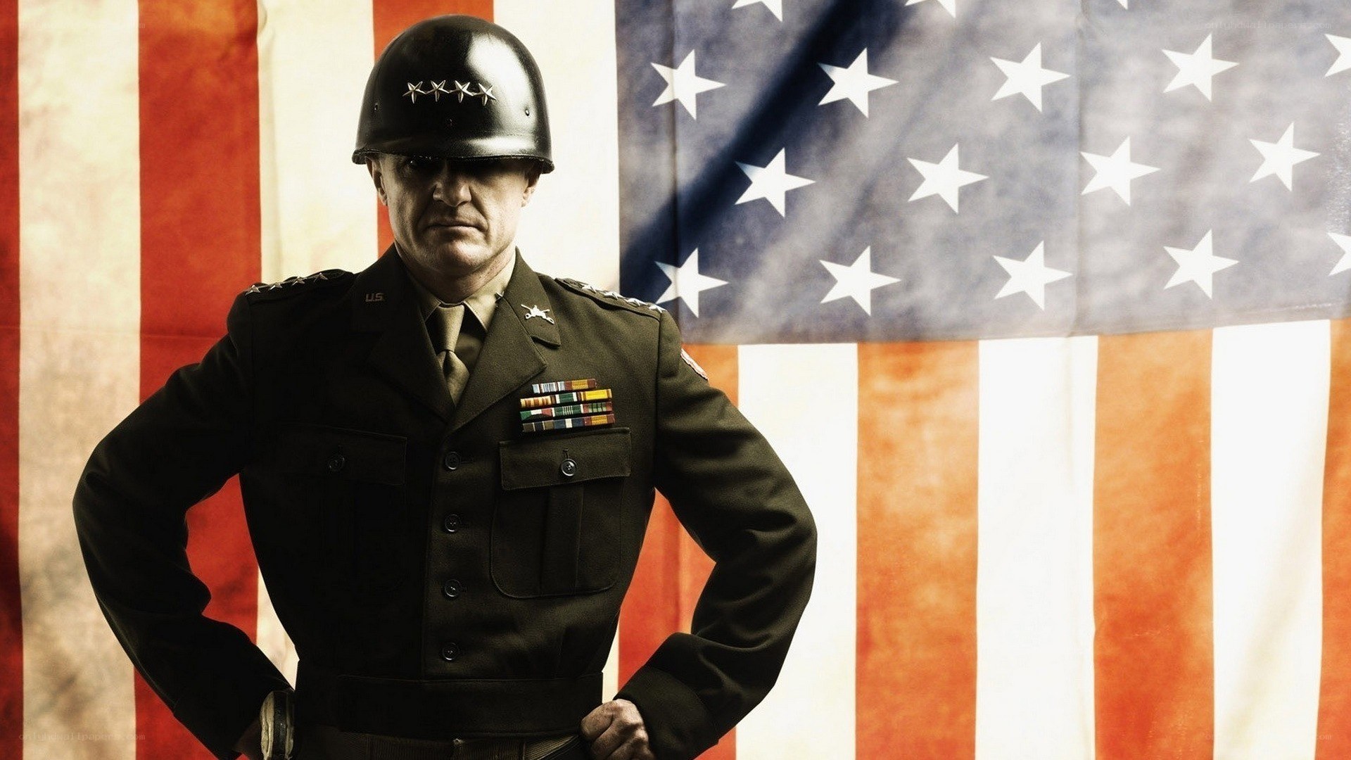 soldier in uniform with flag