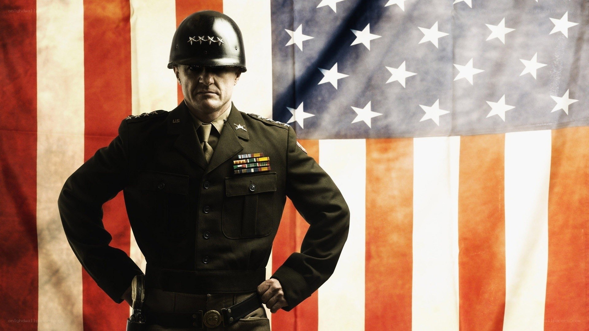 soldier in uniform with flag