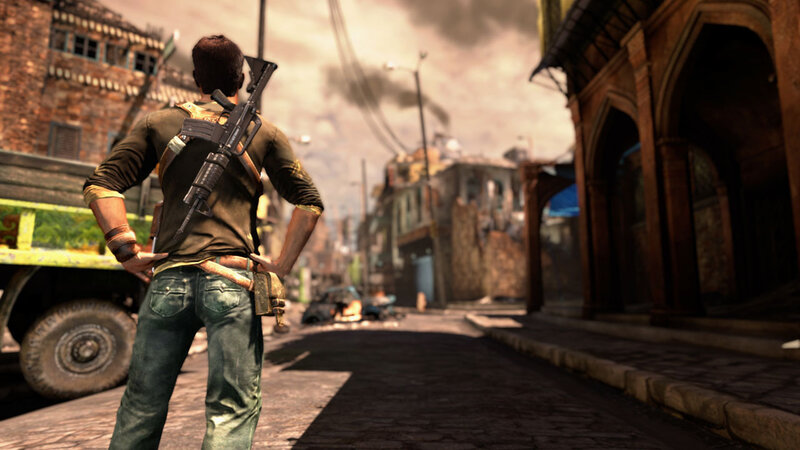 soldier in war-torn city