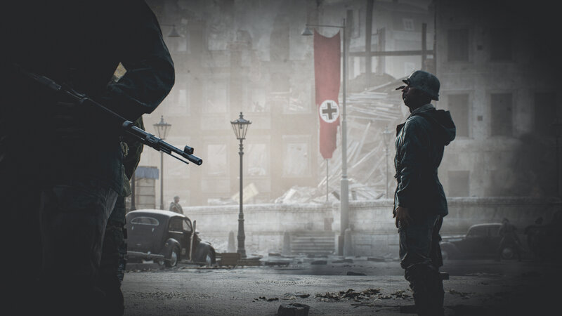 Soldier in War-torn City — Gray, Dramatic, 3d Render