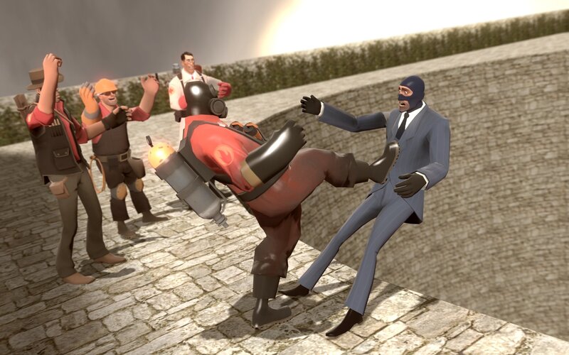 Soldier Kicking Man in Suit