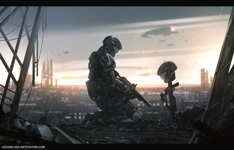 Soldier Kneeling in Rain — Gray