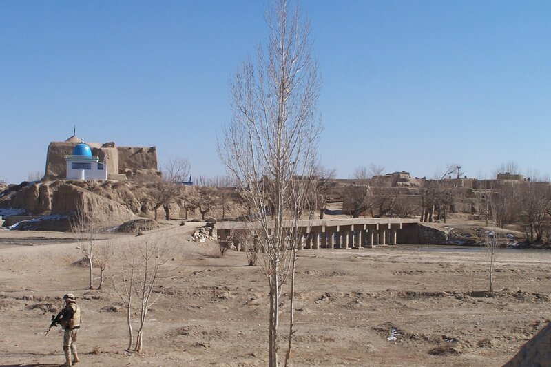 Soldier near a mosque in Afghanistan