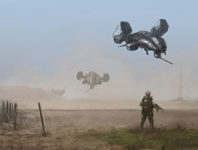 Soldier observing drones in desert