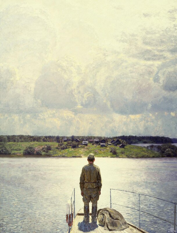 Soldier on a boat looking at village