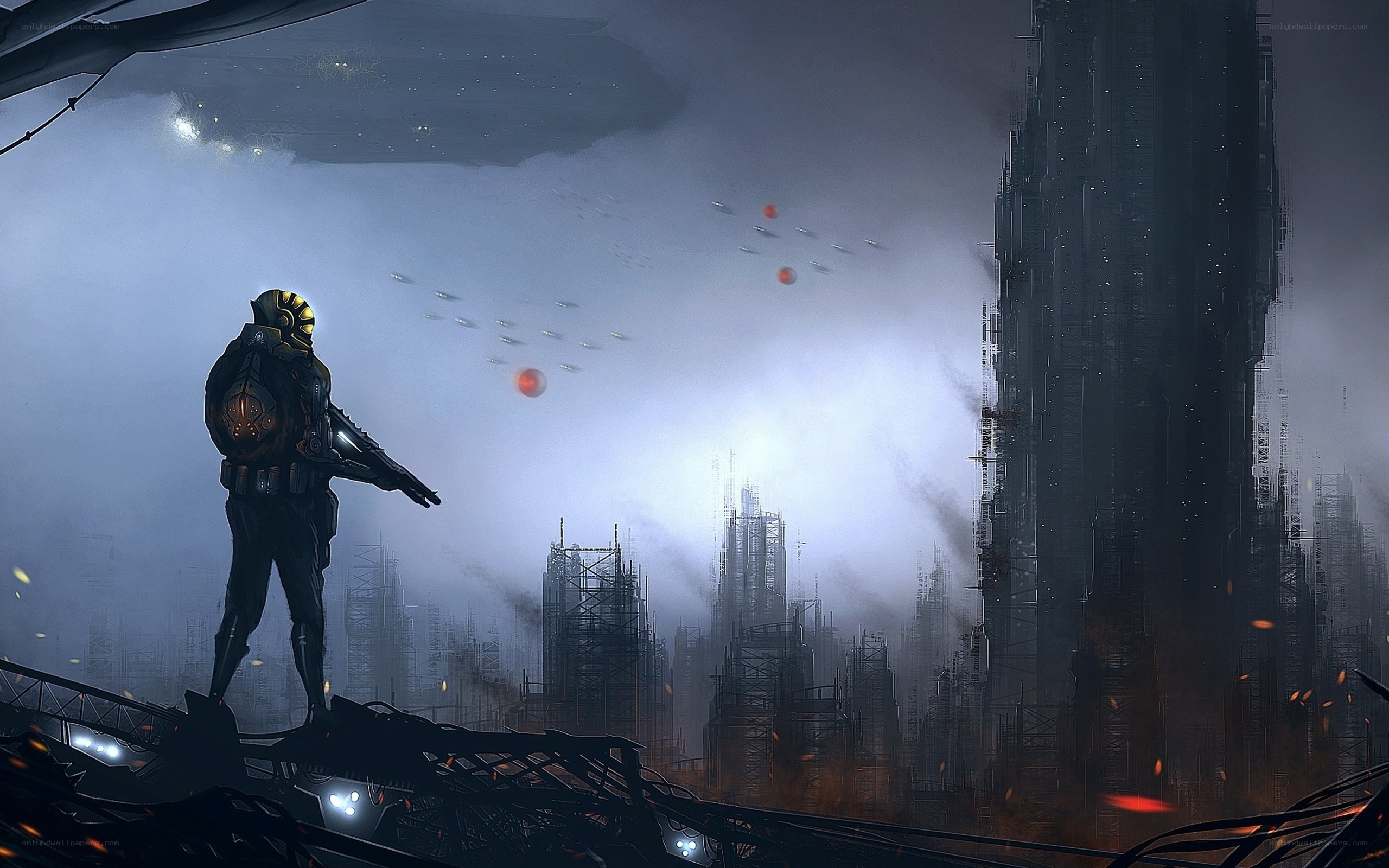 soldier on a ruined cityscape