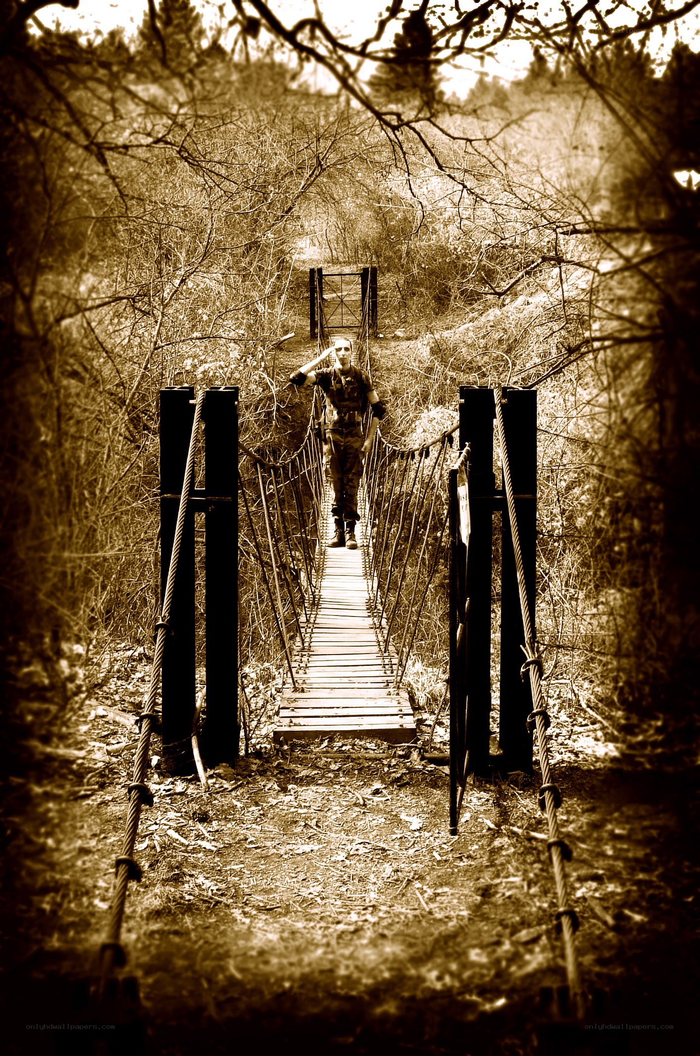 Soldier on a suspension bridge