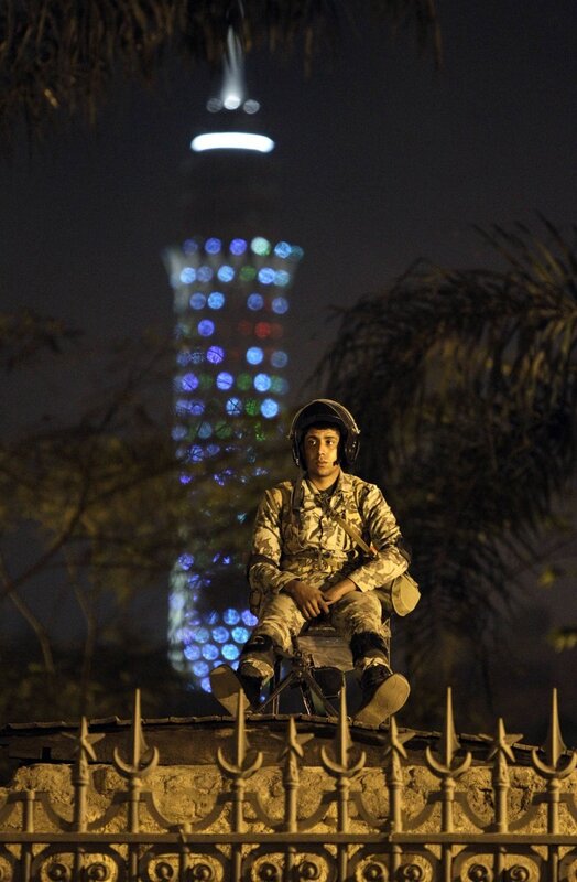 Soldier on guard at night