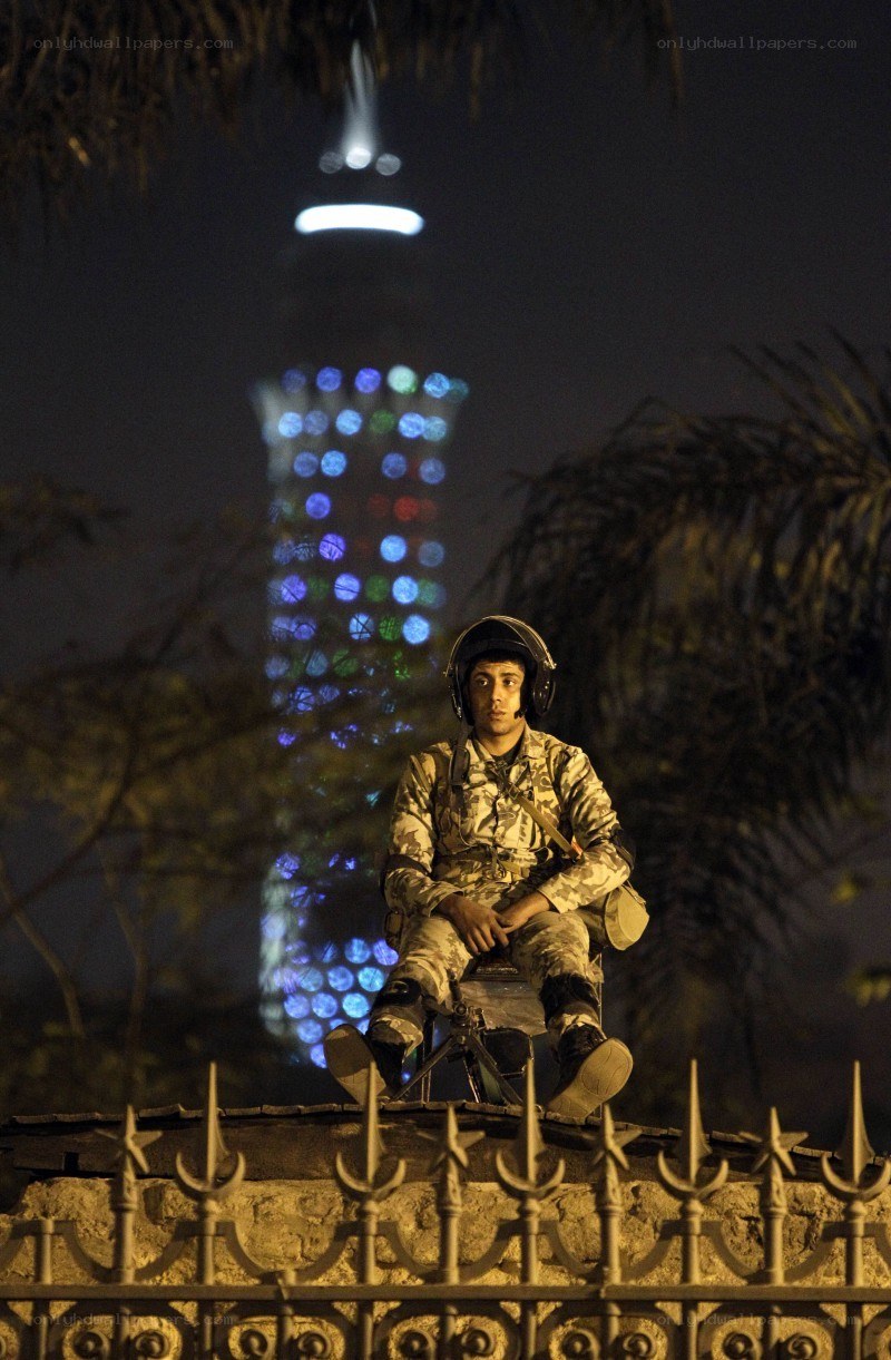 Soldier on guard at night