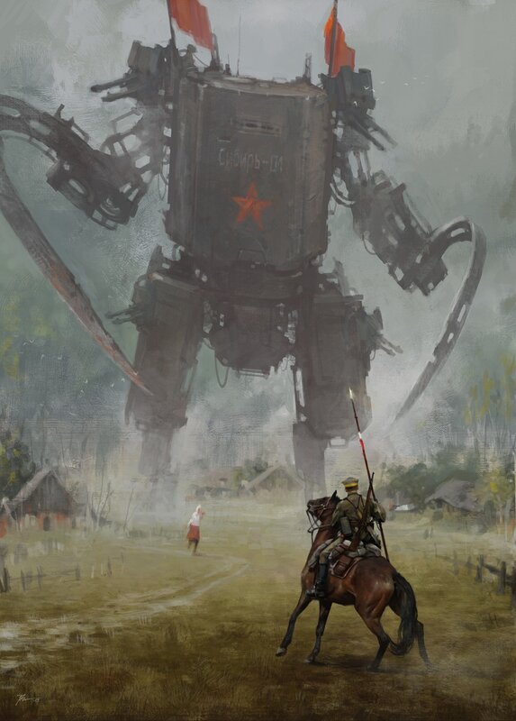 Soldier on Horse Facing Robot — Gray