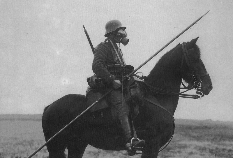 Soldier on horseback with gas mask