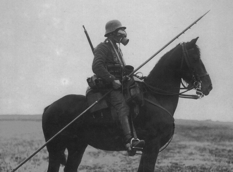 Soldier on horseback with gas mask
