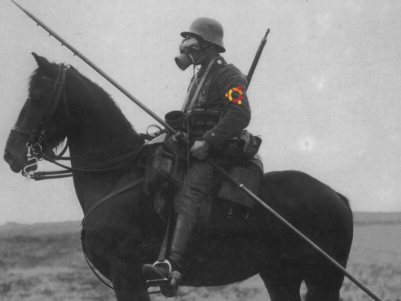 Soldier on horseback with gas mask