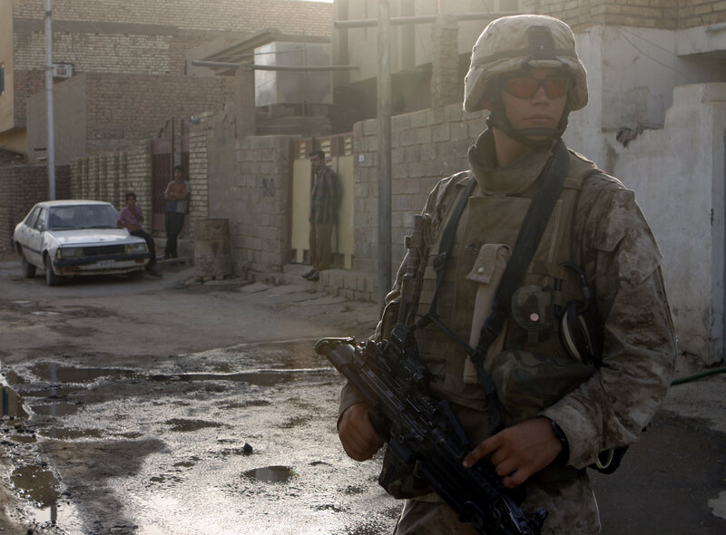 Soldier on patrol in urban area