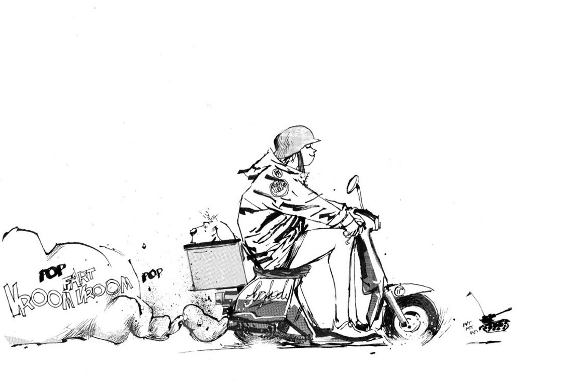 soldier on scooter with fart cloud