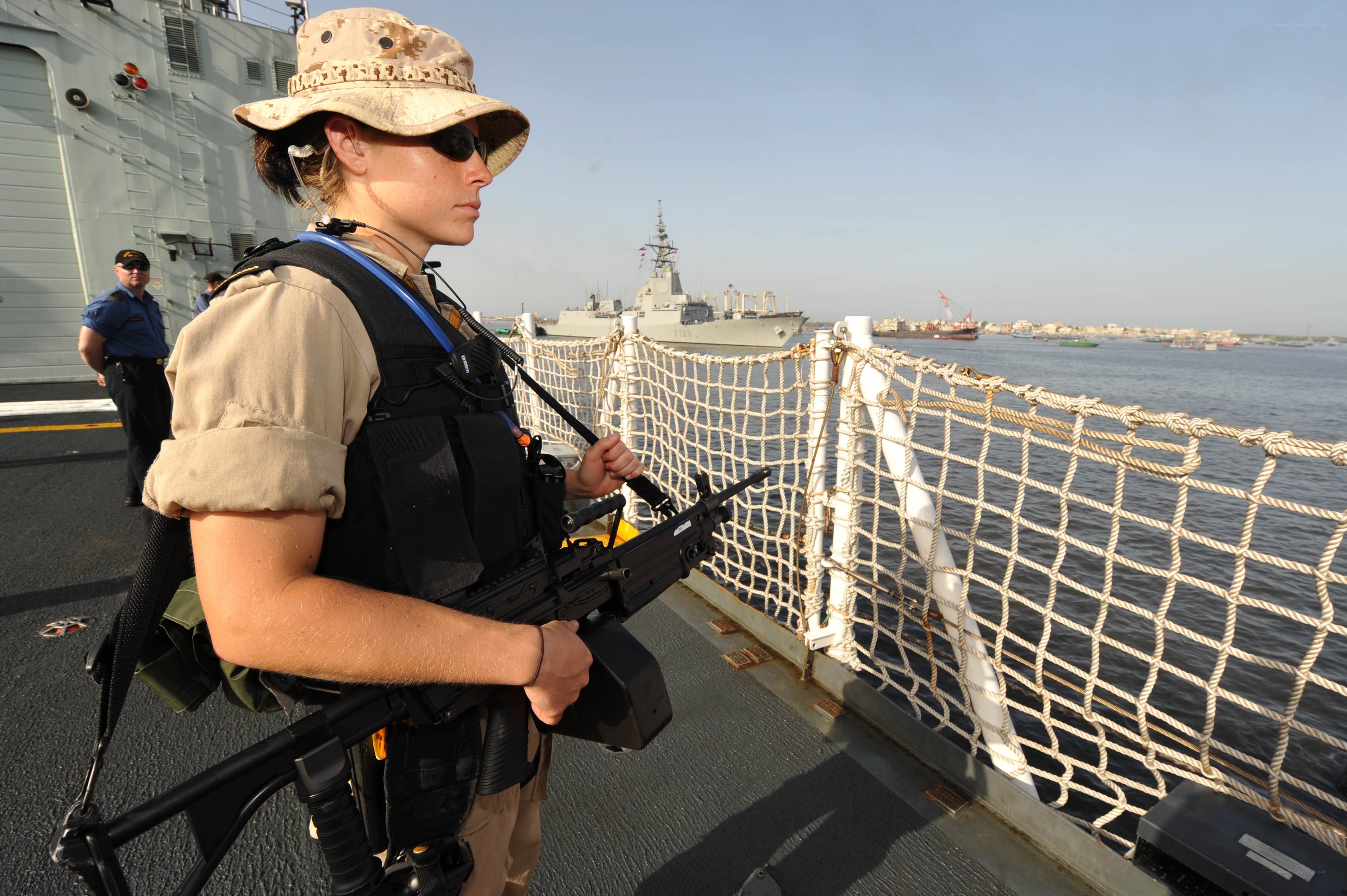 Soldier on ship deck